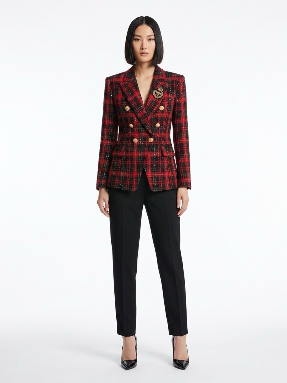 Vintage Blazer Red & Black Women’s Tweed Plaid Jacket Fits Like Sz S festive